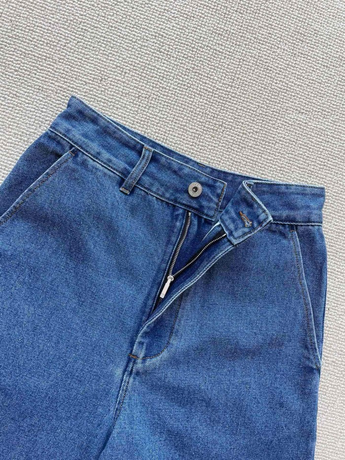 NIGO Loewe Women's Summer Blue Logo Label Straight Button Down Denim Shorts #nigo72349