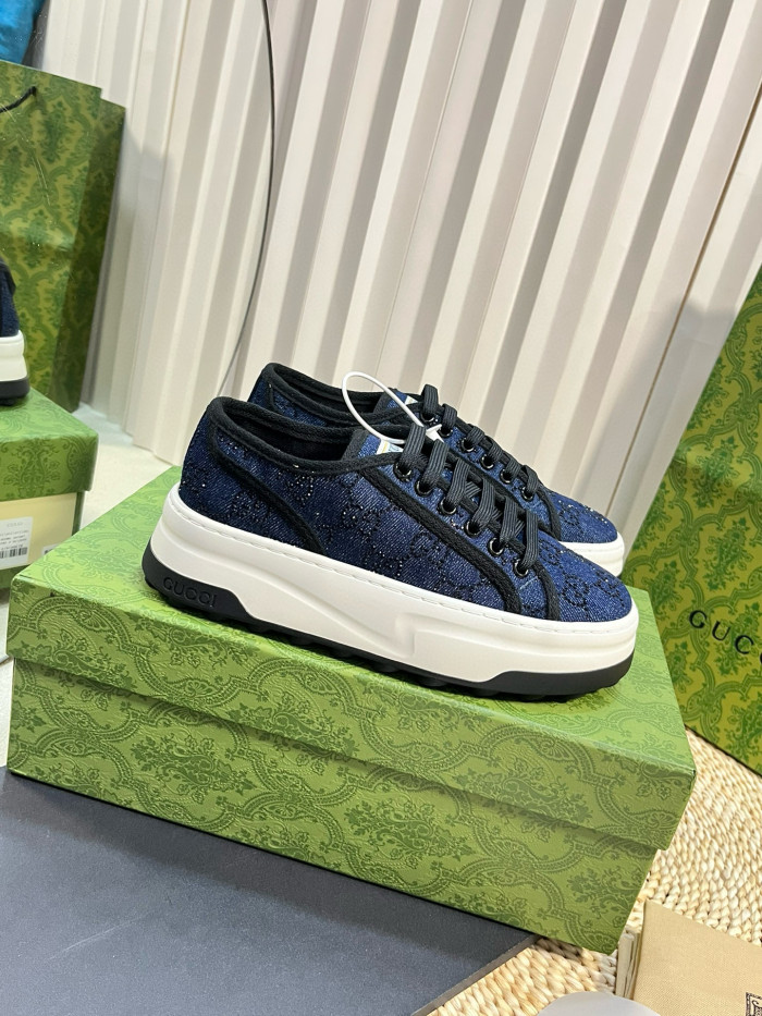 NIGO Gucci Women's Blue Round Toe Hot Rhinestone Letter Low Top Lace Up Sneakers Shoes #nigo72358