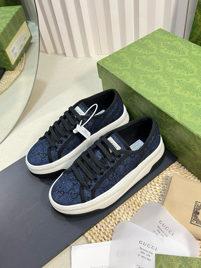 NIGO Gucci Women's Blue Round Toe Hot Rhinestone Letter Low Top Lace Up Sneakers Shoes #nigo72358