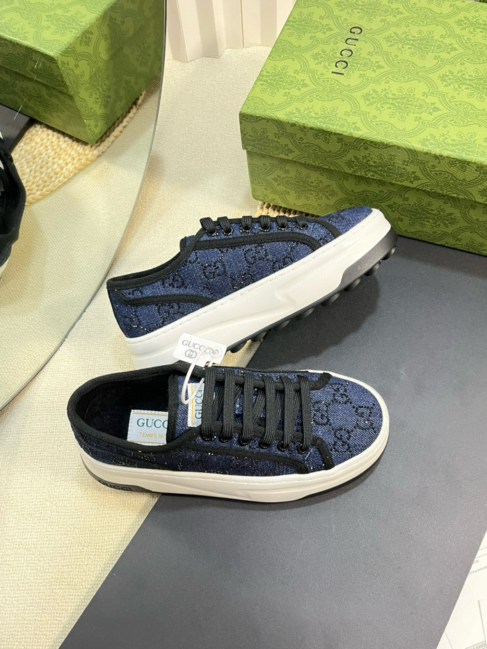 NIGO Gucci Women's Blue Round Toe Hot Rhinestone Letter Low Top Lace Up Sneakers Shoes #nigo72358