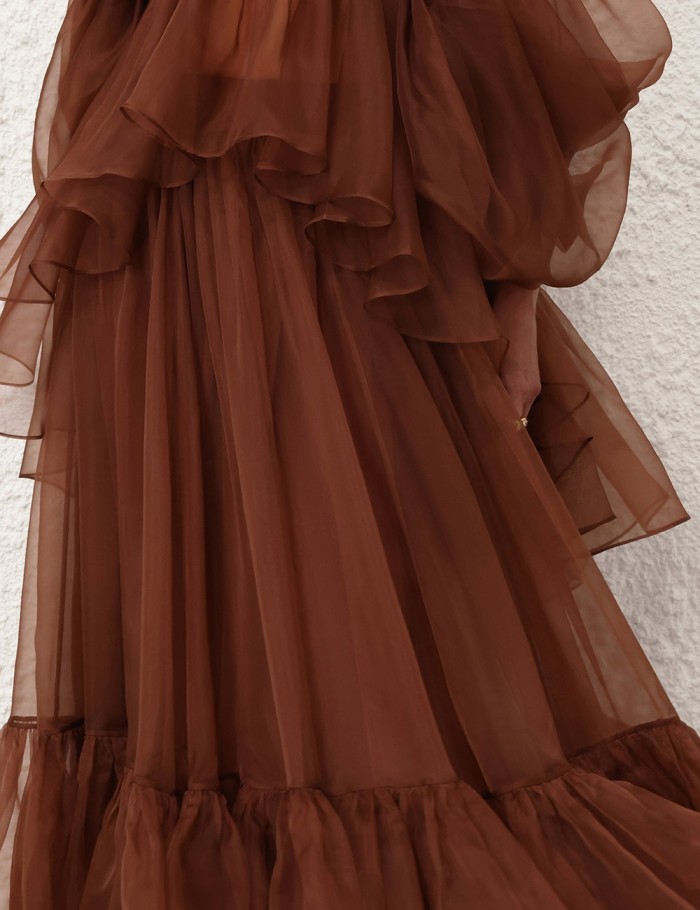 NIGO Zimmermann  Women's Spring/summer Brown Hanging Neck Hundred Pleats Silk Dress Elegant And Noble Thin Gauze Large Hem Top Half Skirt Suit Set #nigo71356
