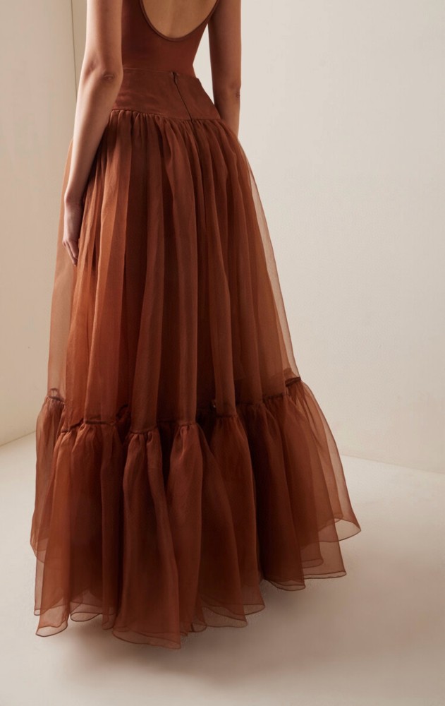 NIGO Zimmermann  Women's Spring/summer Brown Hanging Neck Hundred Pleats Silk Dress Elegant And Noble Thin Gauze Large Hem Top Half Skirt Suit Set #nigo71356
