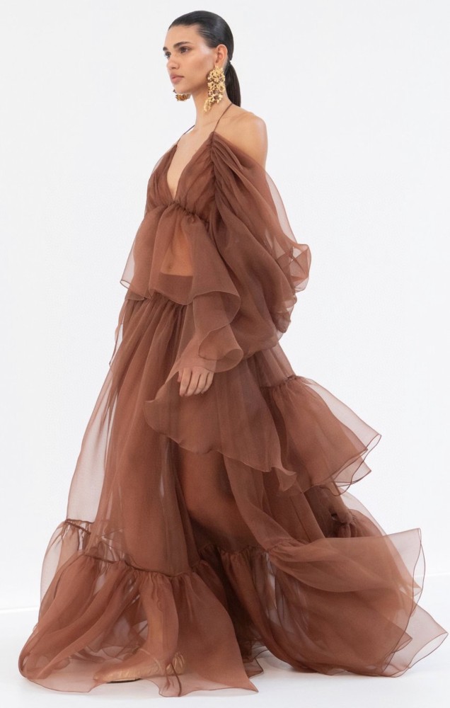 NIGO Zimmermann  Women's Spring/summer Brown Hanging Neck Hundred Pleats Silk Dress Elegant And Noble Thin Gauze Large Hem Top Half Skirt Suit Set #nigo71356