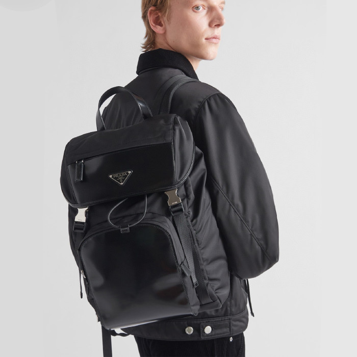 Prada Men's Cowhide Shoulder Bag Flap Drawstring Metal Logo Fashion Large Capacity Backpack Bags  #nigo71352