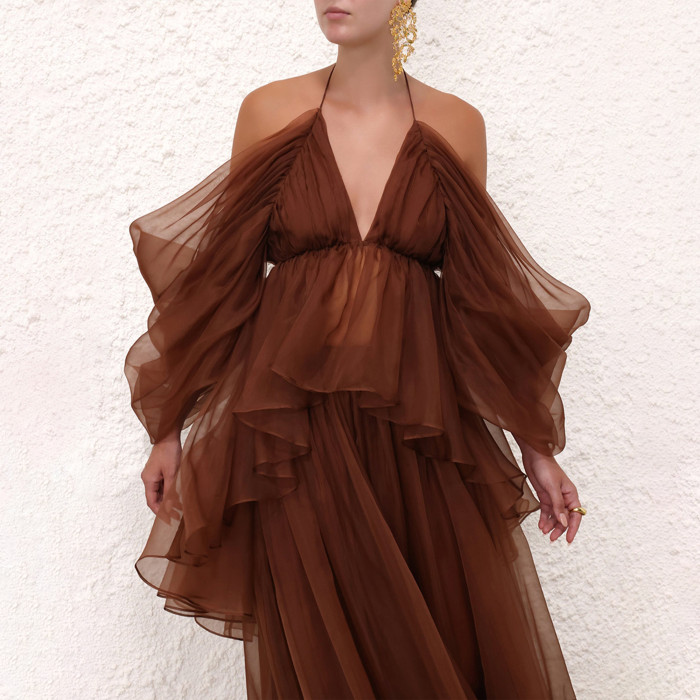 NIGO Zimmermann  Women's Spring/summer Brown Hanging Neck Hundred Pleats Silk Dress Elegant And Noble Thin Gauze Large Hem Top Half Skirt Suit Set #nigo71356