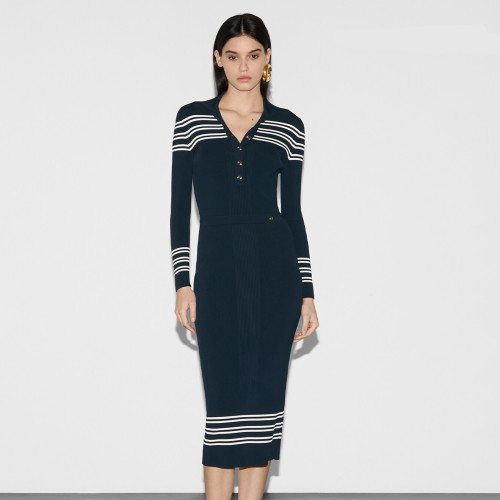 NIGO Gucci  Women's Spring And Autumn Blue Striped Stretch Ribbed Knit Button Sweater Long Slim Half-body Skirt Temperament Suit Set #nigo71349