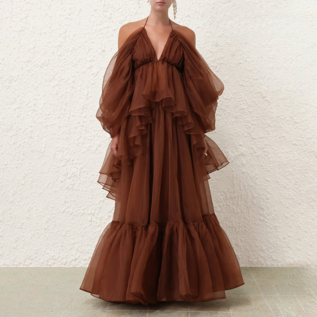 NIGO Zimmermann  Women's Spring/summer Brown Hanging Neck Hundred Pleats Silk Dress Elegant And Noble Thin Gauze Large Hem Top Half Skirt Suit Set #nigo71356