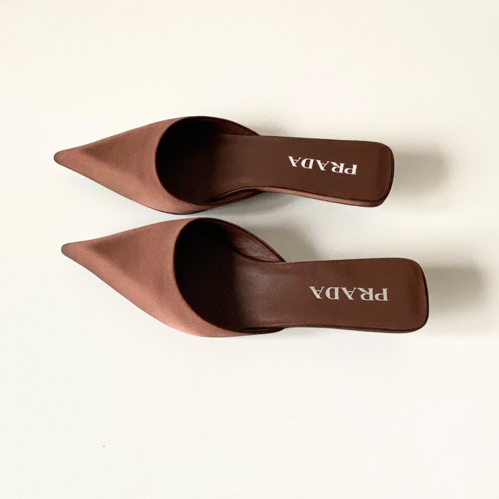 NIGO Prada Women's Spring Summer Satin Slingback Pumps Logo Metal Heel Strappy Heels Pointed Toe Slippers Shoes #nigo71357