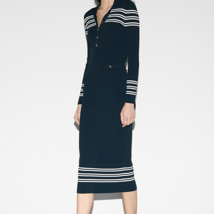 NIGO Gucci  Women's Spring And Autumn Blue Striped Stretch Ribbed Knit Button Sweater Long Slim Half-body Skirt Temperament Suit Set #nigo71349