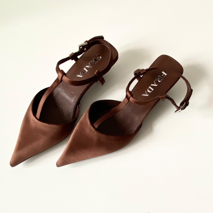NIGO Prada Women's Spring Summer Satin Slingback Pumps Logo Metal Heel Strappy Heels Pointed Toe Slippers Shoes #nigo71357