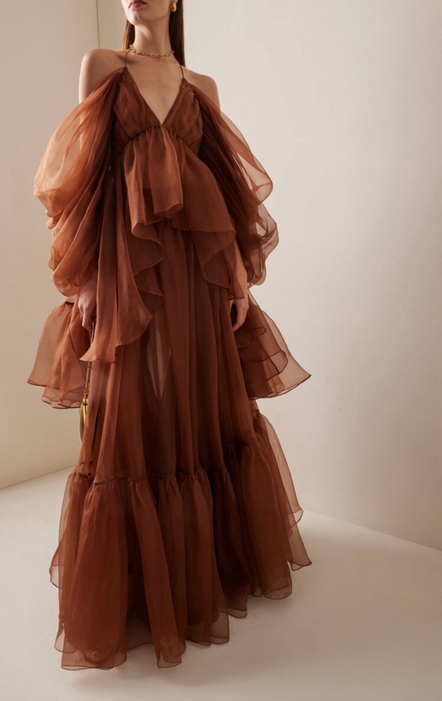 NIGO Zimmermann  Women's Spring/summer Brown Hanging Neck Hundred Pleats Silk Dress Elegant And Noble Thin Gauze Large Hem Top Half Skirt Suit Set #nigo71356