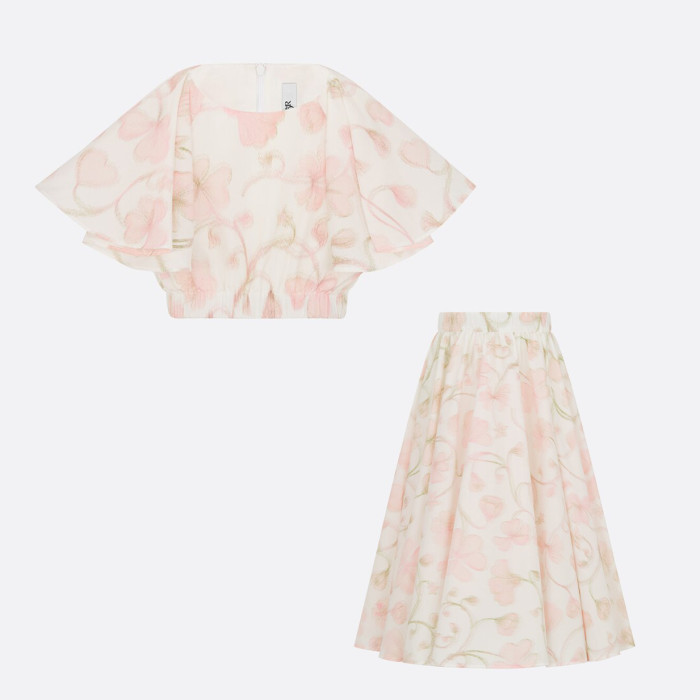 NIGO Dior Kid's Summer Floral Print Short Chiffon Top Casual Long Half-body Skirt Set #nigo31315