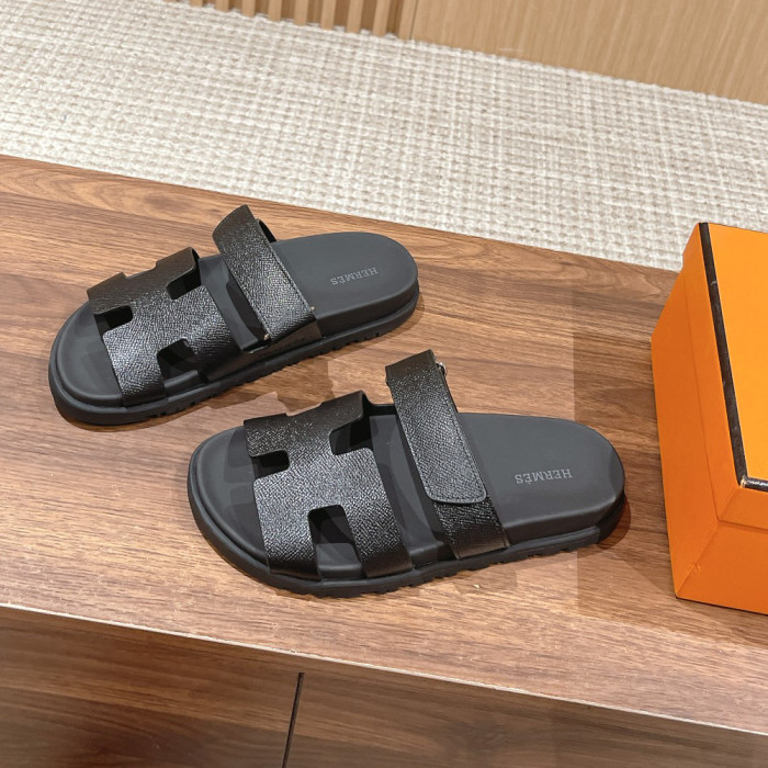 NIGO Hermes Chypre Men's Solid Color Leather Velcro Flat Fashion Sandals Shoes #nigo72433