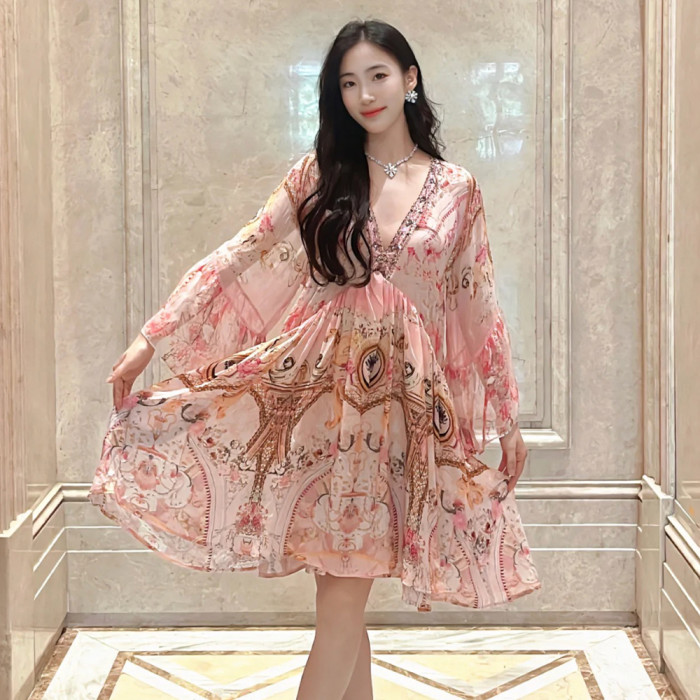 NIGO Camilla Women's Summer V-Neck Sexy Flared Sleeve Floral Printed Loose Silk Long Sleeve Dresses Ngvp #nigo8823