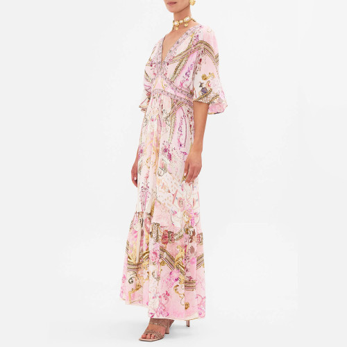 NIGO Camilla Women's Summer Fashion Pink Flower Silk Print Bohemian Diamond Slim V-neck Long Sleeve Dresses Ngvp #nigo8783