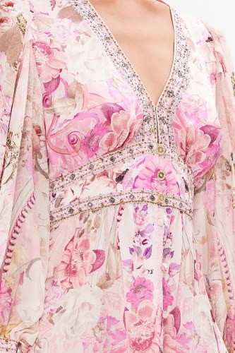 NIGO Camilla Women's Summer Pink Floral Printed V-Neck Rhinestone Embellished Silk Loose Long Sleeve Dress Ngvp #nigo8824
