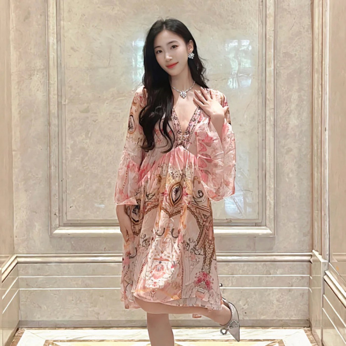 NIGO Camilla Women's Summer V-Neck Sexy Flared Sleeve Floral Printed Loose Silk Long Sleeve Dresses Ngvp #nigo8823