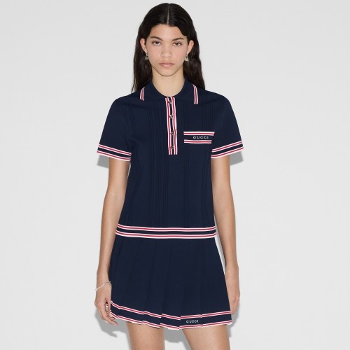 NIGO Gucci Women's Summer Colorblock Logo Printed Stripe Trim Knit Short Sleeve Polo Shirt Pleated Short Skirt Set Suit #nigo72464