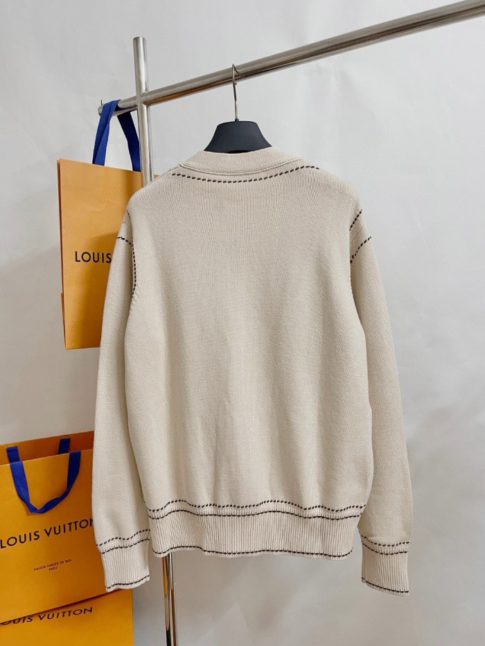 NIGO Louis Vuitton Men's Spring & Autumn Cream Logo Letter Applique Single Breasted V-Neck Long Sleeve Knit Shirt #nigo72477