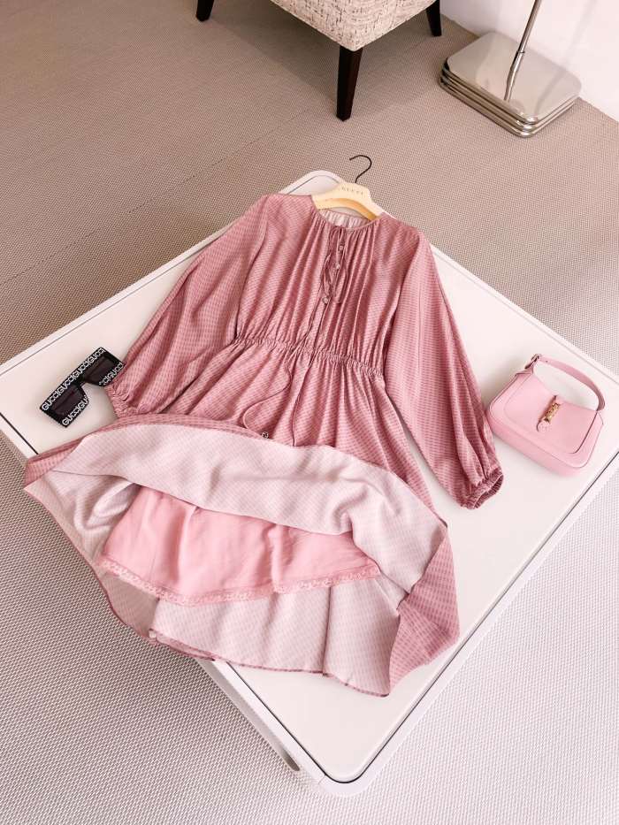 NIGO Gucci Women's Summer Pink All Over Logo Printed Silk Tunic Long Sleeve Dresses #nigo72483
