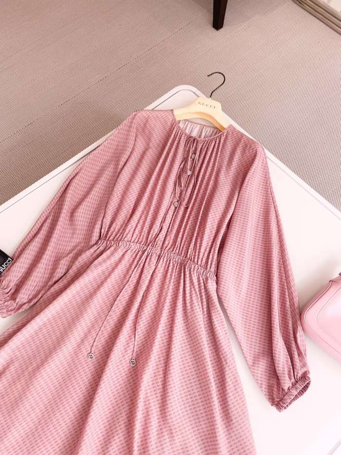 NIGO Gucci Women's Summer Pink All Over Logo Printed Silk Tunic Long Sleeve Dresses #nigo72483
