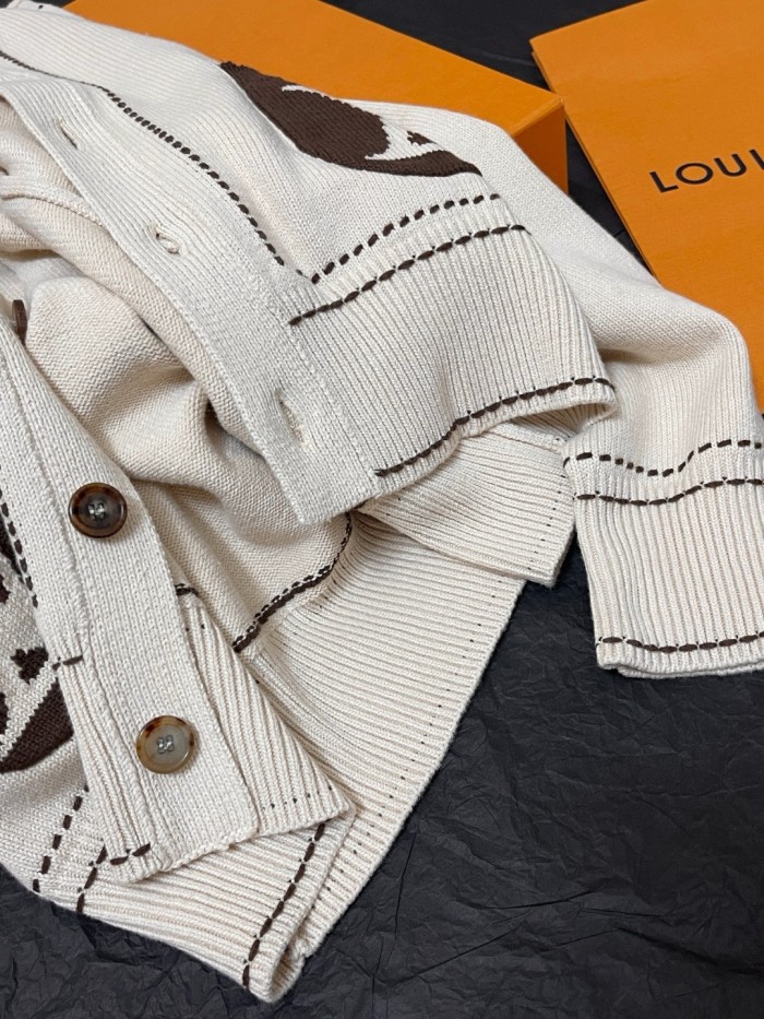 NIGO Louis Vuitton Men's Spring & Autumn Cream Logo Letter Applique Single Breasted V-Neck Long Sleeve Knit Shirt #nigo72477