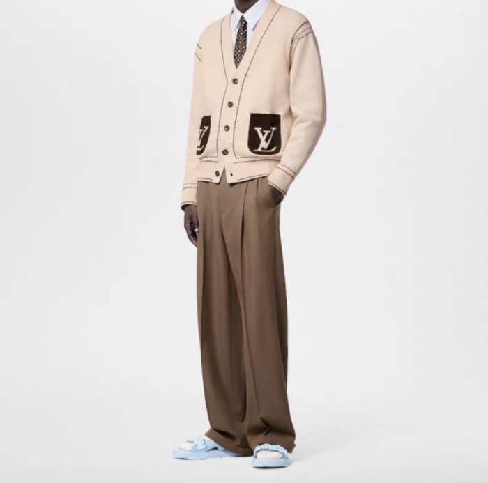 NIGO Louis Vuitton Men's Spring & Autumn Cream Logo Letter Applique Single Breasted V-Neck Long Sleeve Knit Shirt #nigo72477