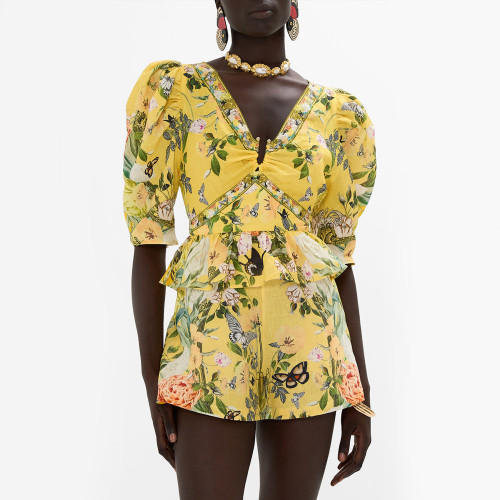 NIGO Camilla Women's Summer Printed V-neck Rhinestone Decoration Linen T-Shirt Top Loose Long Sleeve Casual Shorts Suit Set Ngvp #nigo8875