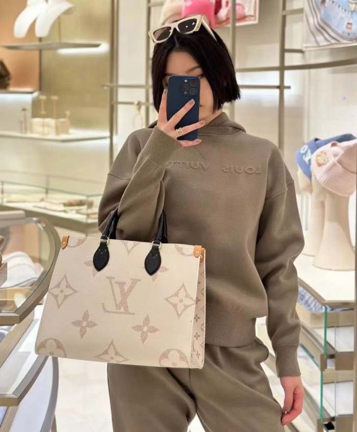 NIGO OnTheGo Louis Vuitton Women's Beige Monogram Embossed Cowhide Leather Tote Shopping Bag #nigo72523