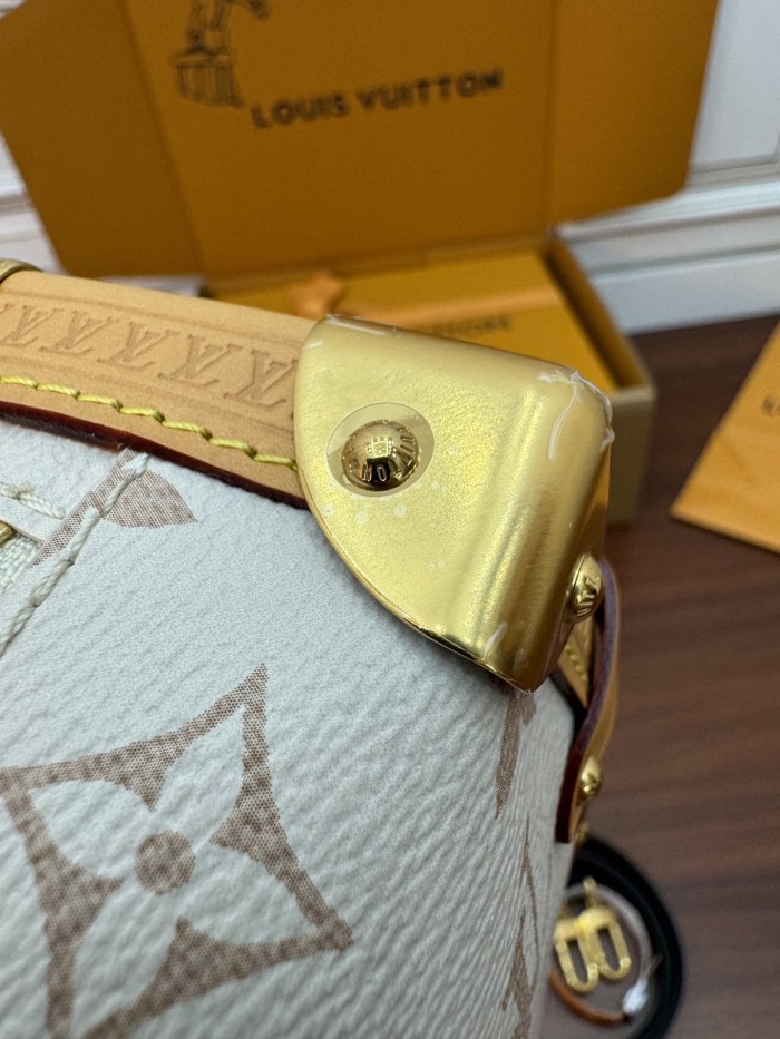 NIGO Side Trunk Louis Vuitton Women's Beige Removable Adjustable Shoulder Strap S Lock Zipper Closure Canvas Spell Leather Handbag Shoulder Slanting Bag #nigo72524