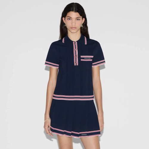 NIGO Gucci Women's Summer Logo Letter Embroidery Stripe Short Sleeve Polo Shirt T-Shirt Pleated Short Skirt Set Suit #nigo72557