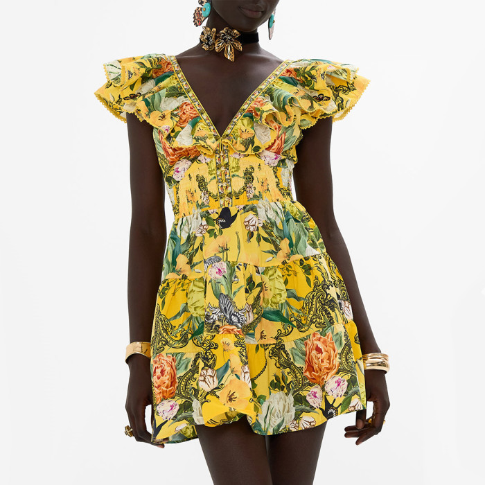 NIGO Camilla Women's Summer Printed V-neck Rhinestone Embellished Cotton Ruffle Waisted Mini Dresses Ngvp #nigo8918