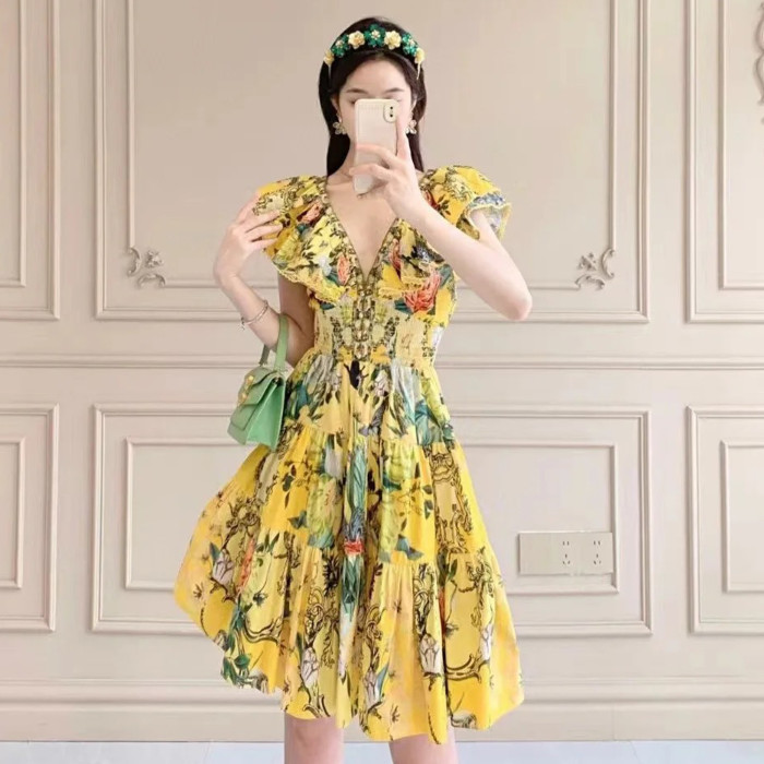 NIGO Camilla Women's Summer Printed V-neck Rhinestone Embellished Cotton Ruffle Waisted Mini Dresses Ngvp #nigo8918