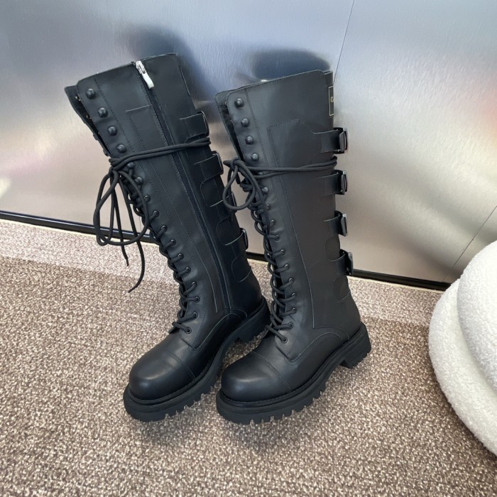 NIGO DIOR Women's Fall And Winter Fashion Trend Belt Buckle Side Zipper Lacing Tall Knight Boots Cool Cowhide Biker Boots  Shoes Ngvp #nigo8917