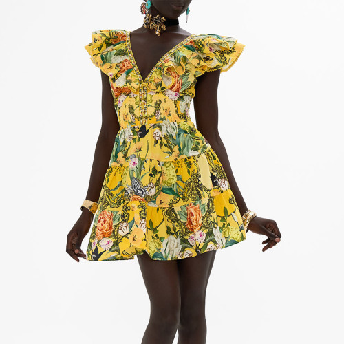 NIGO Camilla Women's Summer Printed V-neck Rhinestone Embellished Cotton Ruffle Waisted Mini Dresses Ngvp #nigo8918