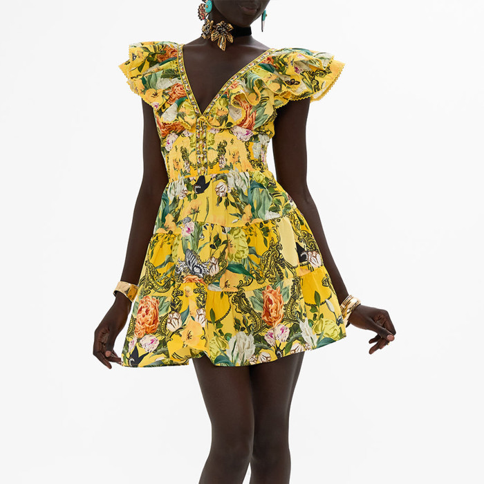 NIGO Camilla Women's Summer Printed V-neck Rhinestone Embellished Cotton Ruffle Waisted Mini Dresses Ngvp #nigo8918