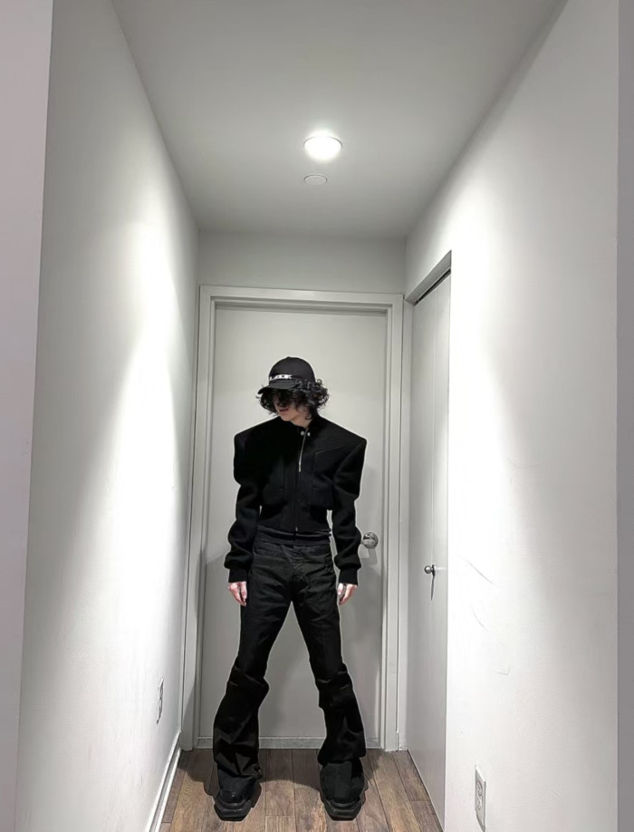 NIGO Rick Owens Men's Winter Dark Wool Shoulder Padded Flight Jacket Waisted Peplum Fitted Jacket Ngvp #nigo8922