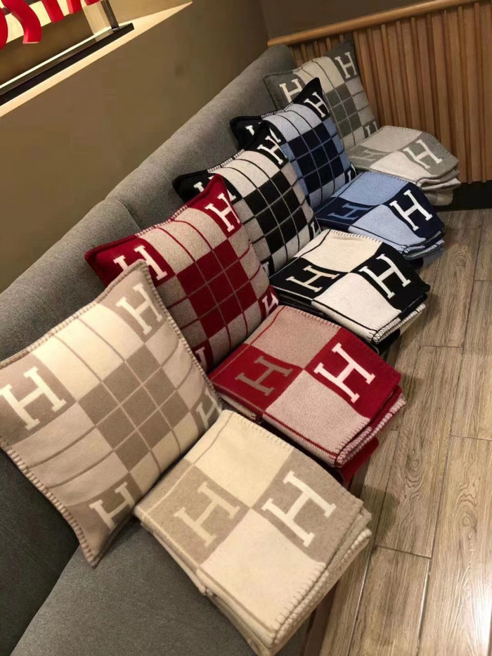 NIGO Hermes Colorblocked Checkered Logo Cozy Fashion Wool Pillow Simple Elegant Lightweight Home Decoration #nigo71386