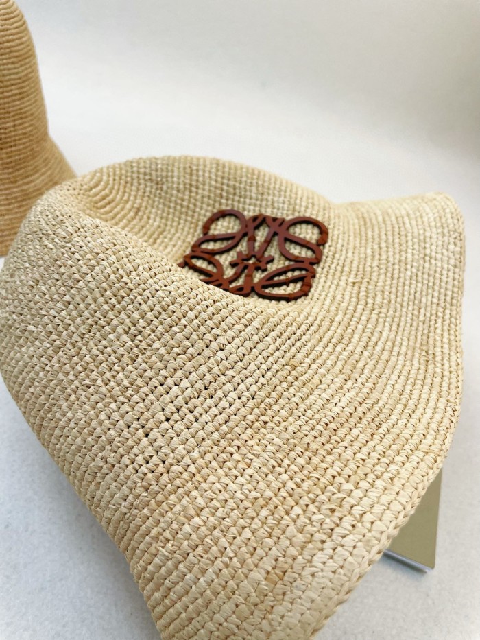 NIGO Loewe Women's Khaki Raffia And Cowhide Bucket Hat Flat Cap Large Brim Hat (color Please Contact Customer Service To Determine) #nigo72593