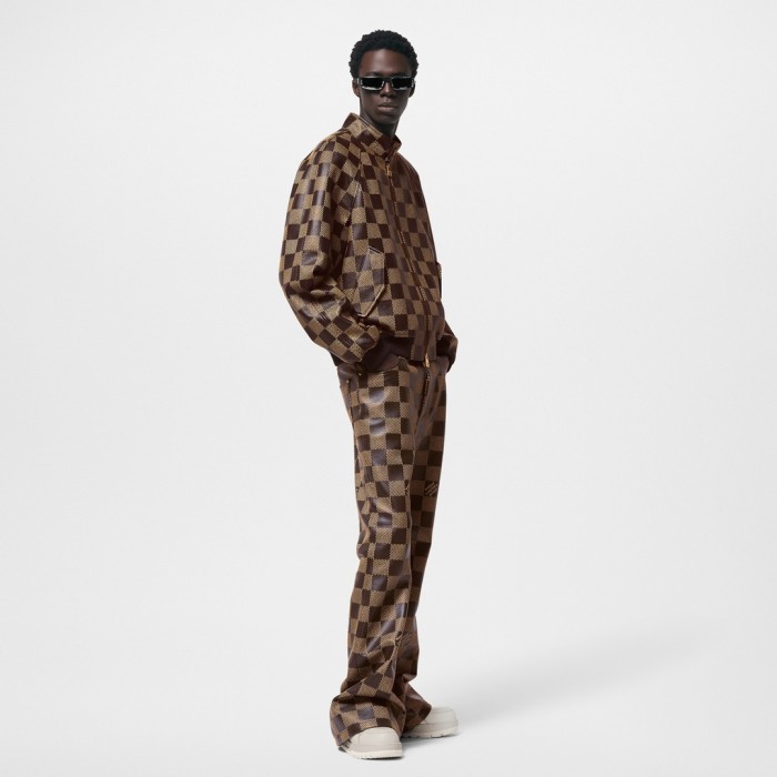 NIGO Louis Vuitton Men's Fall And Winter Brown Checkerboard Pattern Collar Zipper Cowhide Long Sleeved Jacket #nigo72611