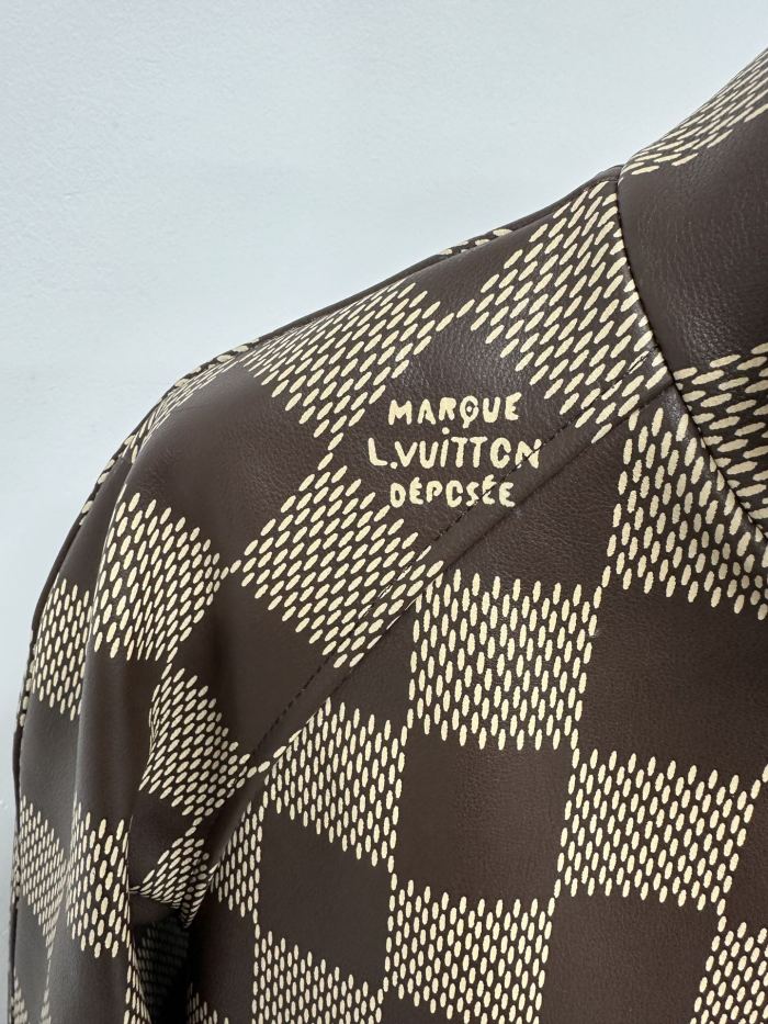 NIGO Louis Vuitton Men's Fall And Winter Brown Checkerboard Pattern Collar Zipper Cowhide Long Sleeved Jacket #nigo72611