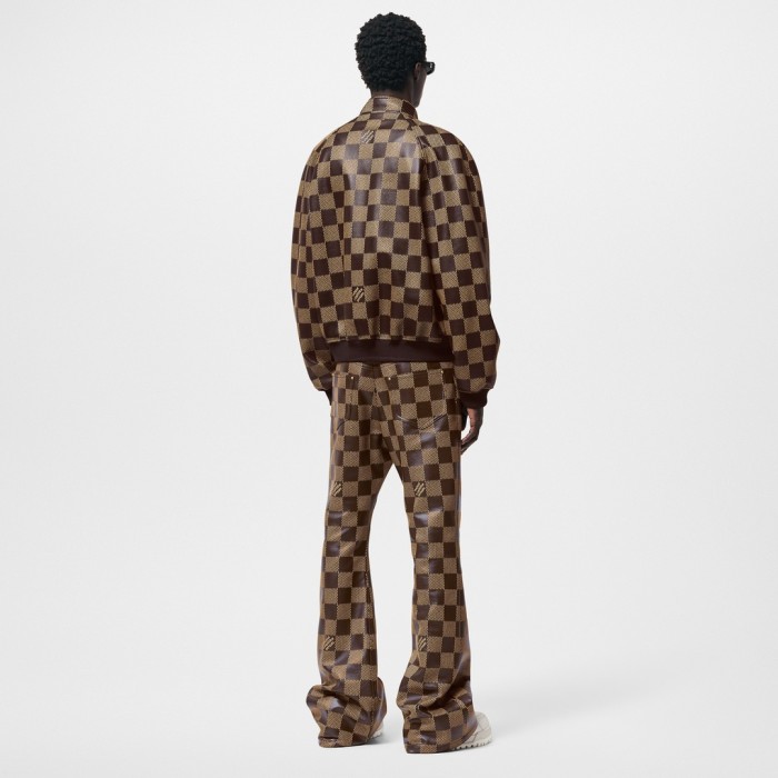 NIGO Louis Vuitton Men's Fall And Winter Brown Checkerboard Pattern Collar Zipper Cowhide Long Sleeved Jacket #nigo72611