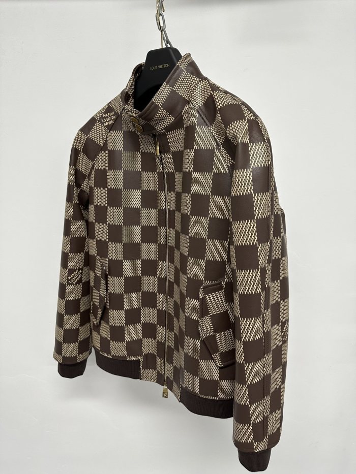NIGO Louis Vuitton Men's Fall And Winter Brown Checkerboard Pattern Collar Zipper Cowhide Long Sleeved Jacket #nigo72611