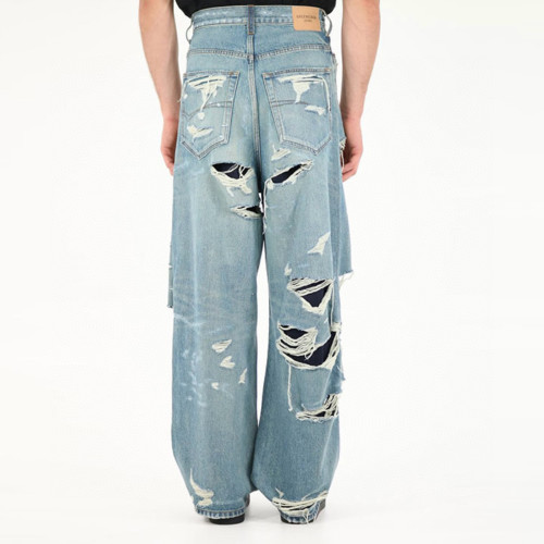 NIGO Balenciaga Men's Women's Four Seasons Fashion Destroyed Denim Trousers Blue Double Layer Casual Fit Straight Jeans Pants Ngvp #nigo8933