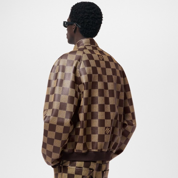 NIGO Louis Vuitton Men's Fall And Winter Brown Checkerboard Pattern Collar Zipper Cowhide Long Sleeved Jacket #nigo72611