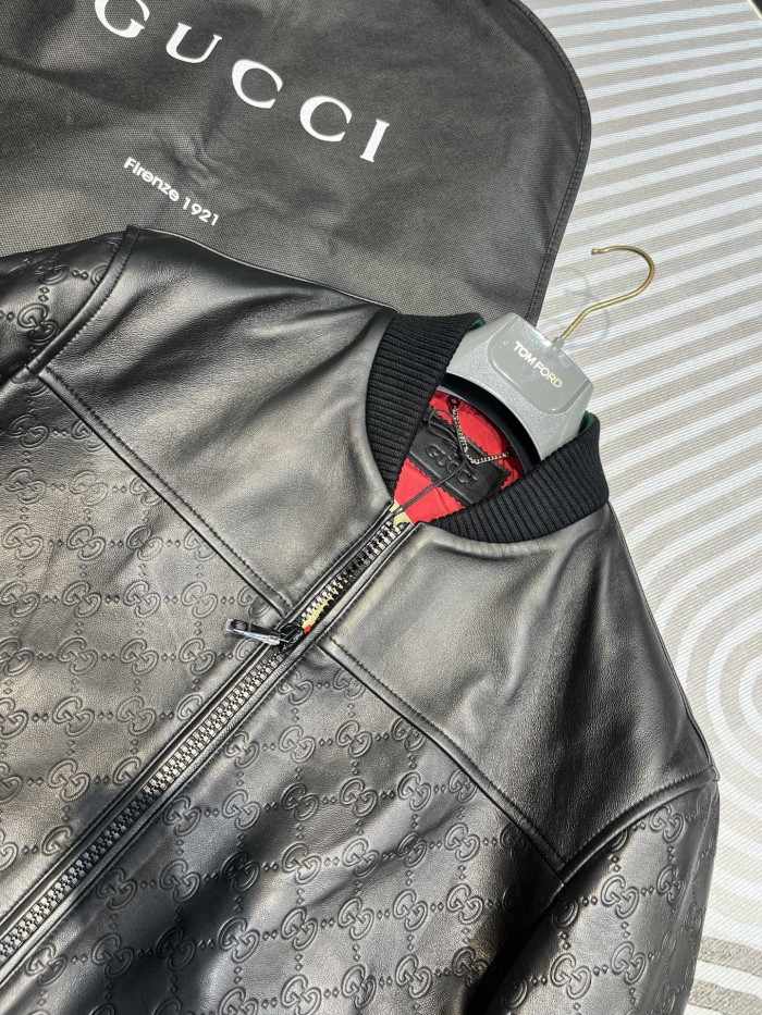 NIGO Gucci Men's Spring And Autumn Black Embossed Logo Printed Zipper Leather Baseball Jersey Long Sleeve Jacket #nigo72616