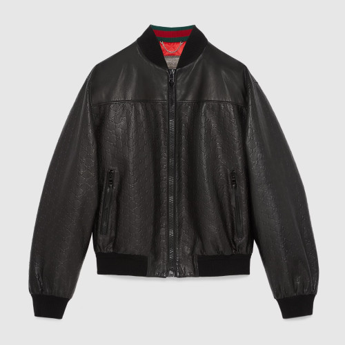 NIGO Gucci Men's Spring And Autumn Black Embossed Logo Printed Zipper Leather Baseball Jersey Long Sleeve Jacket #nigo72616