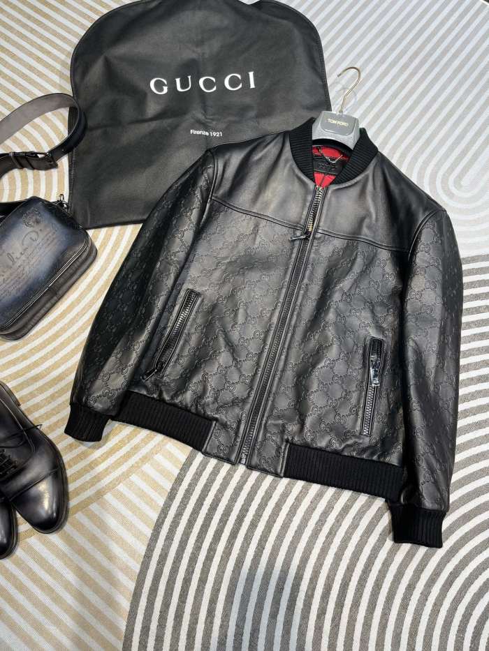 NIGO Gucci Men's Spring And Autumn Black Embossed Logo Printed Zipper Leather Baseball Jersey Long Sleeve Jacket #nigo72616
