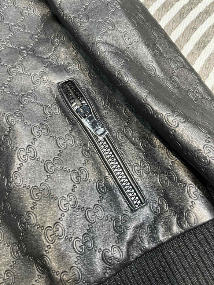 NIGO Gucci Men's Spring And Autumn Black Embossed Logo Printed Zipper Leather Baseball Jersey Long Sleeve Jacket #nigo72616