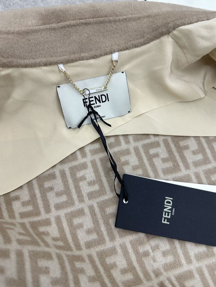 NIGO Fendi Women's Autumn And Winter Solid Color Splicing Double Breasted Medium Length Wool Long Sleeved Coat Jacket #nigo72647